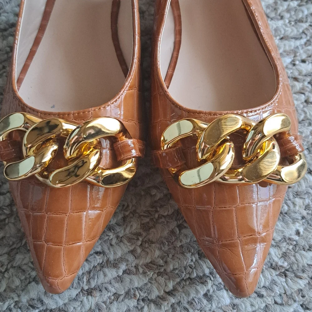 Faux Crocodile Embossed Brown Slingback Heels with Gold Chain